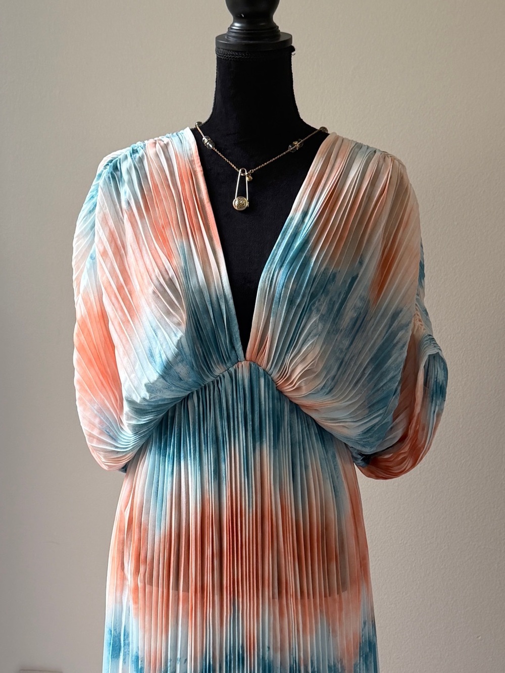 Vintage Pleated V-Neck Tie-Dye Maxi Tunic in Coral & Teal